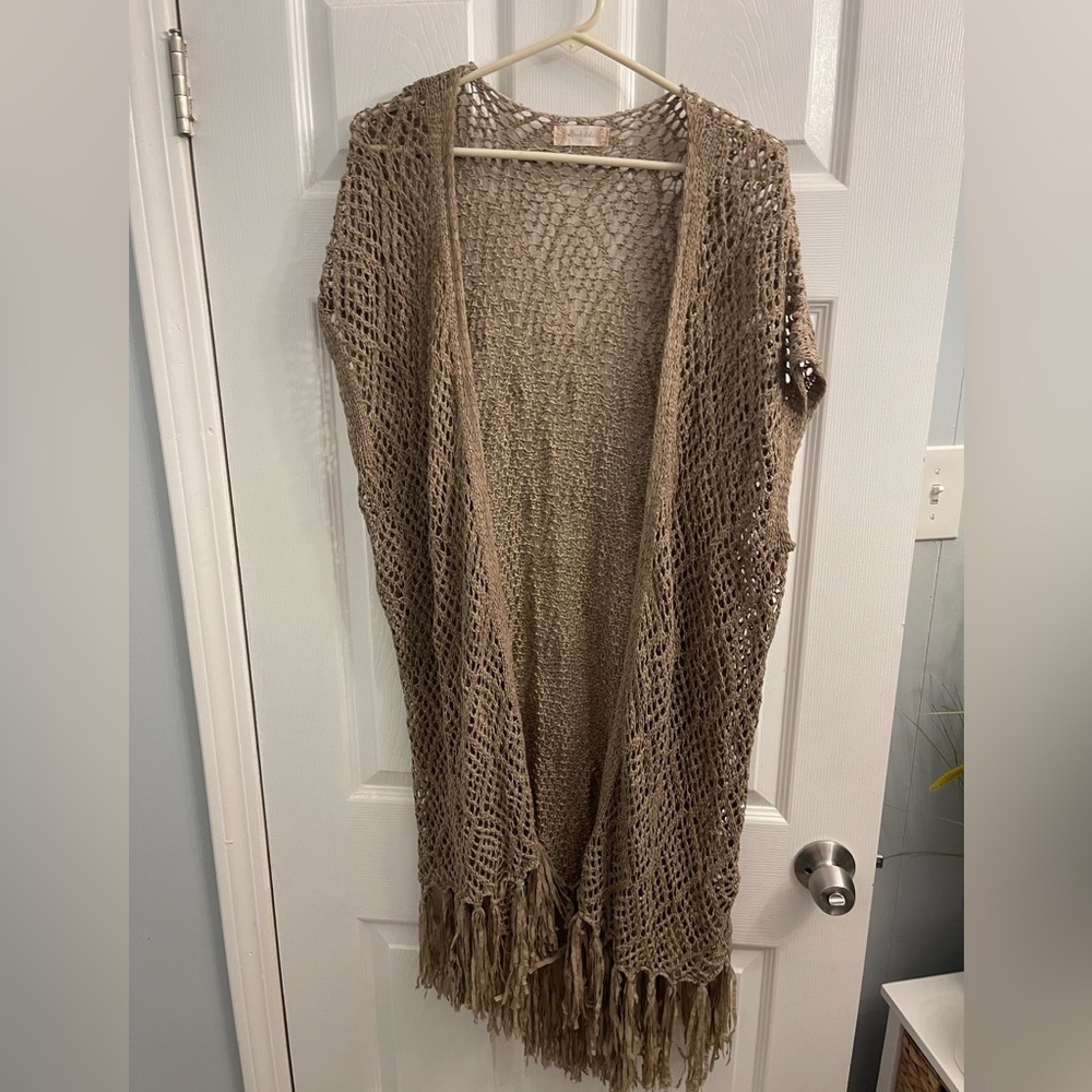 Altar'd State Taupe Open-Knit Cardigan with Fringe